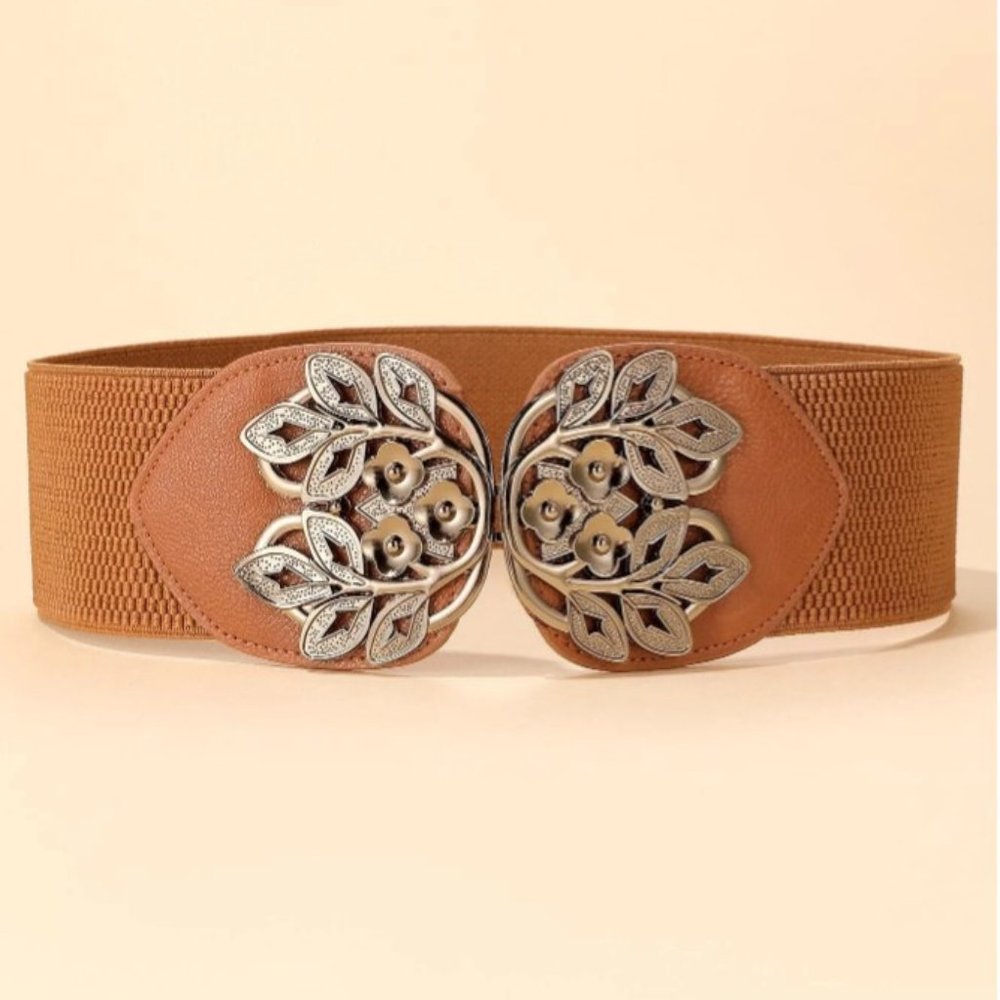 Plant Buckle Wide Belt Brown